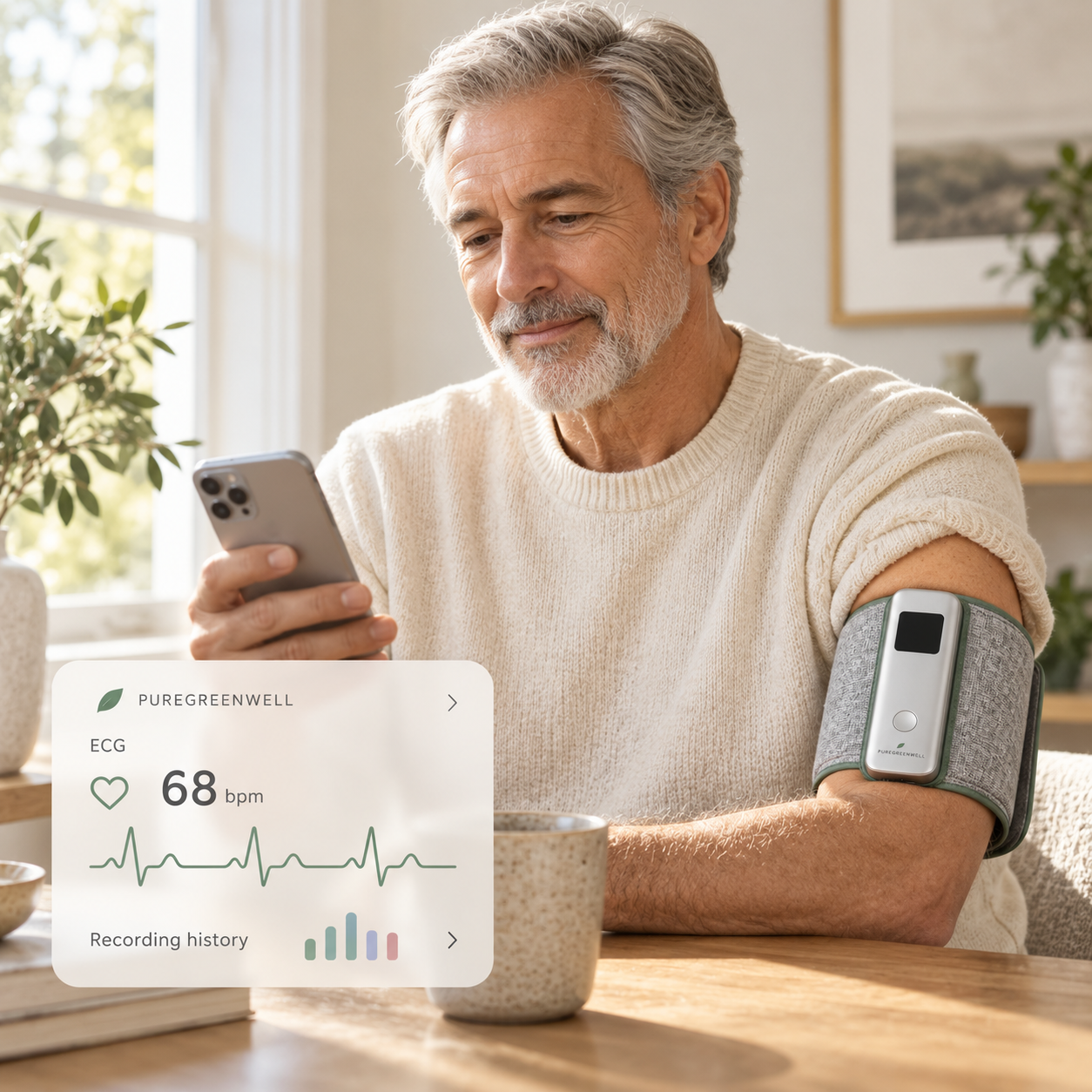 A person using PureGreenWell Kora with an illustrative app recording card