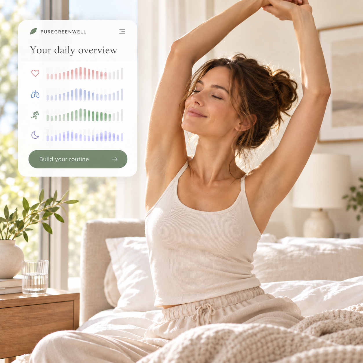Morning lifestyle scene with an illustrative PureGreenWell app overview