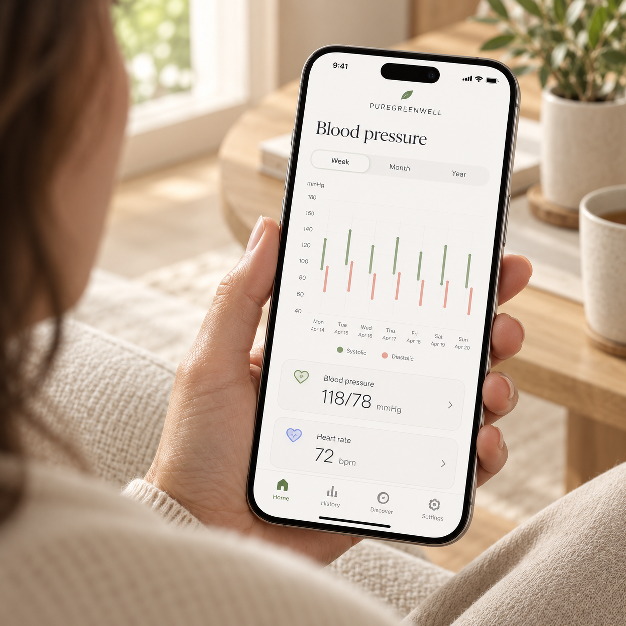 Illustrative PureGreenWell app with a blood pressure trend chart on a smartphone