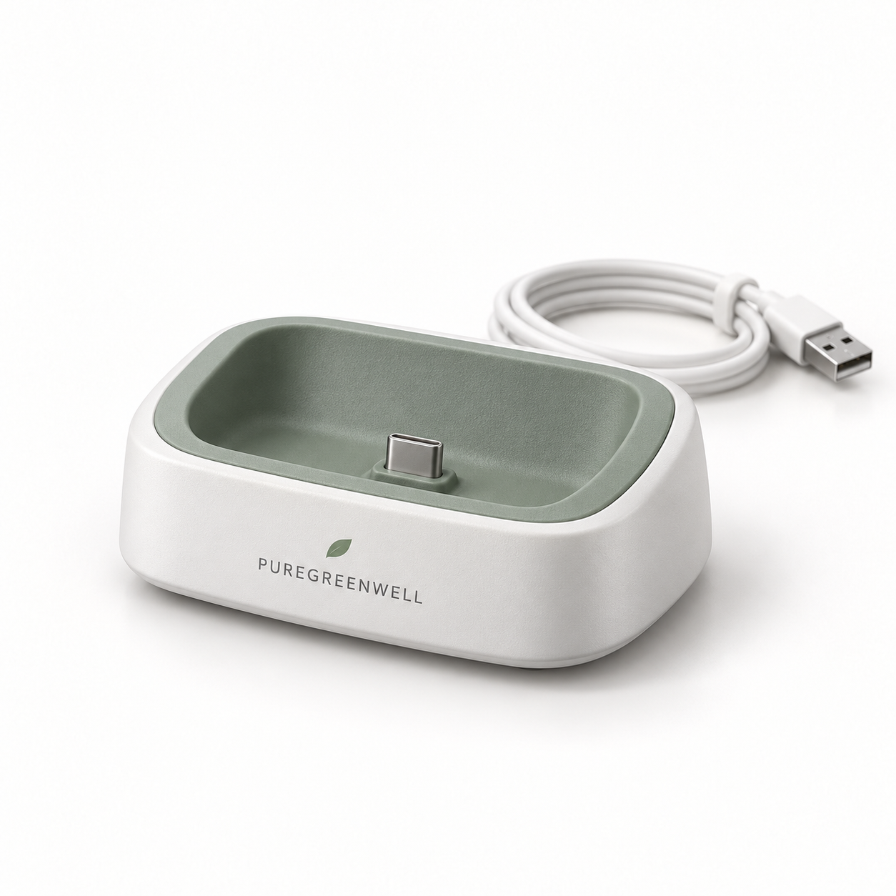 Illustrative PUREGREENWELL Kora charging base with USB power cable