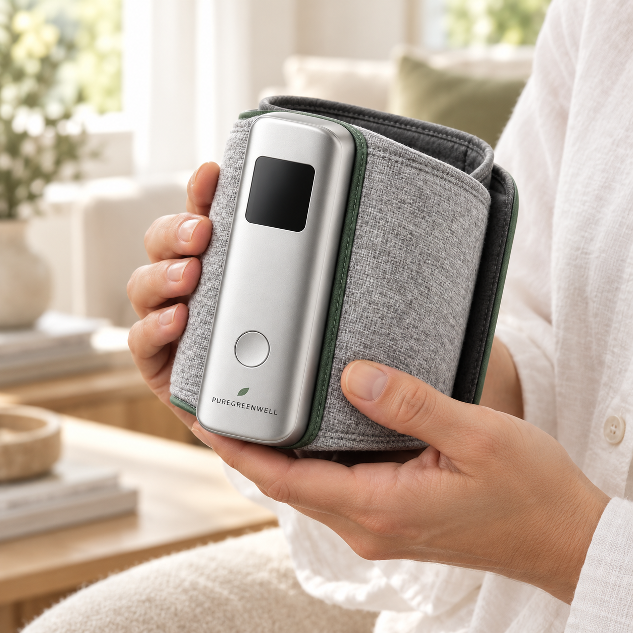 Hands holding the PureGreenWell Kora monitor and folded cuff